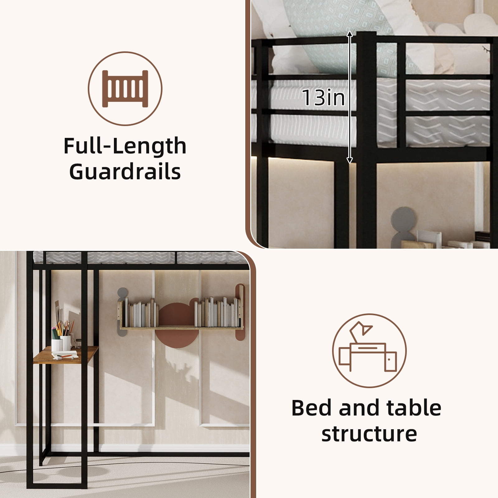 Alvantor Loft Bed Twin Size with Desk, Metal Bed Frame with Open Shelves for Kids/Teens, No Box Spring Needed Black