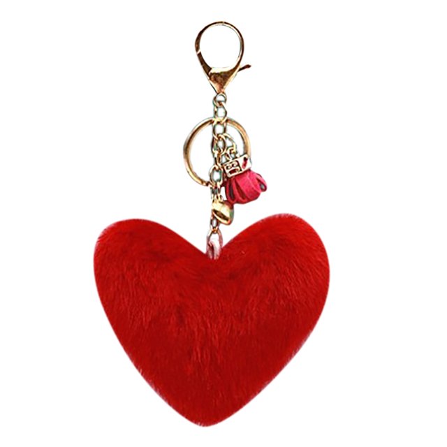 Women Heart Shaped Keychain Creative Fashion Pom Pom Key Ring Fluffy Car Charm