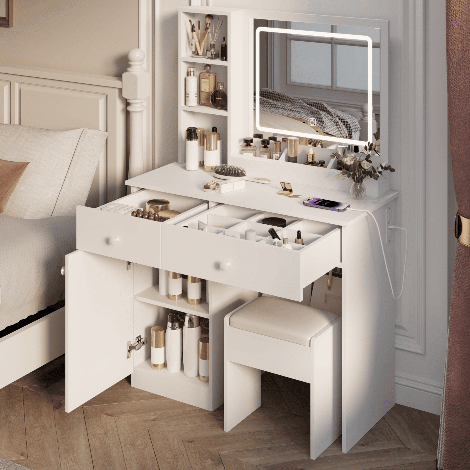 Asteroutdoor Vanity Desk with Lighted Mirror, 3 Color Lighting Modes, Adjustable Brightness, 2 Large Drawers, White Makeup Table, 35.4 in Wide