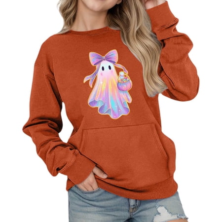 Weebloom Cute Halloween Sweatshirts For Girls Boys Oversized Hoodies Casual Long Sleeve Pullover With Pocket Drop Shoulder Loose Fit Tops Sweatshirt Lovely Dailywear Orange