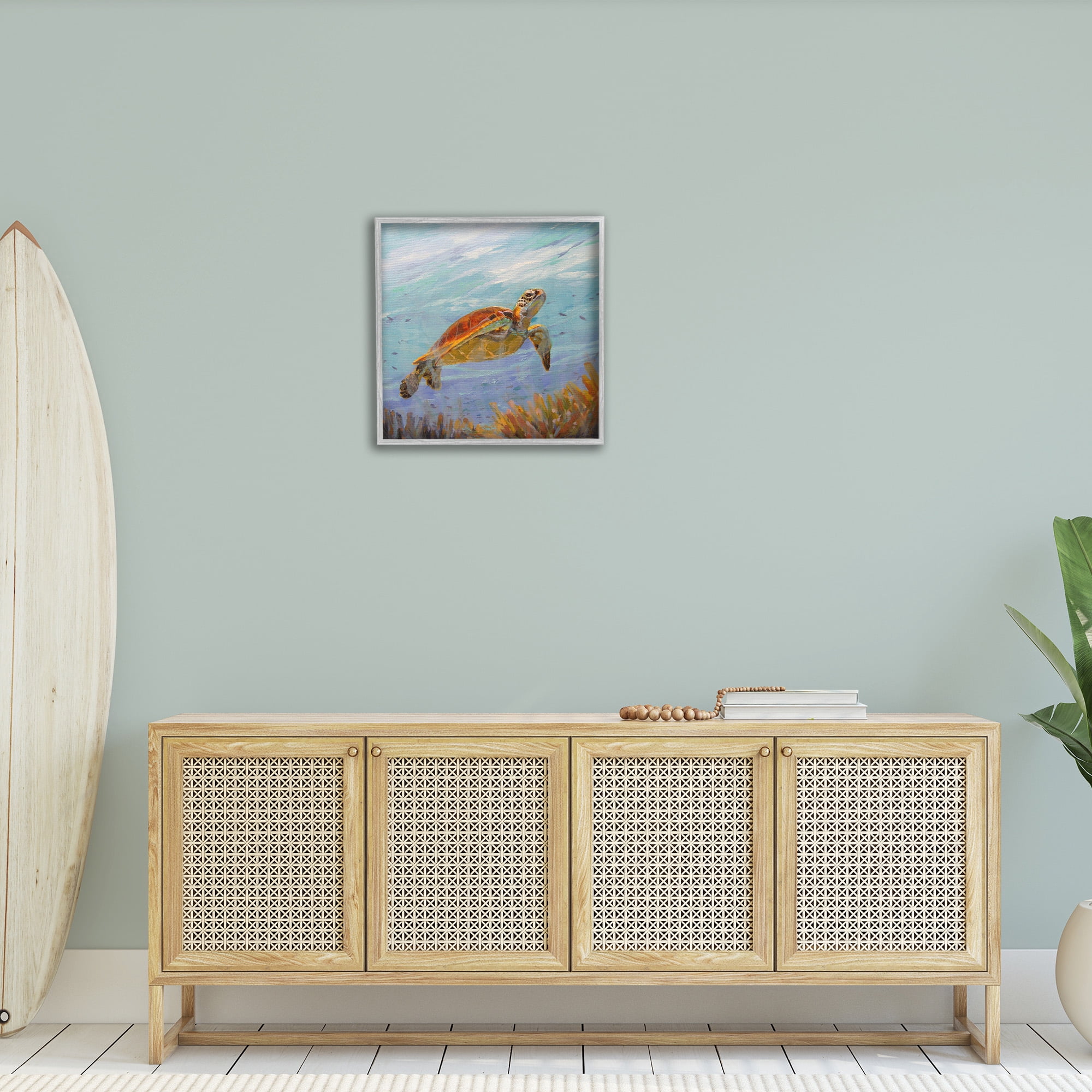 Stupell Industries Turtle Among Coral Reef Animals & Insects Painting Gray Framed Art Print Wall Art, 24 x 24
