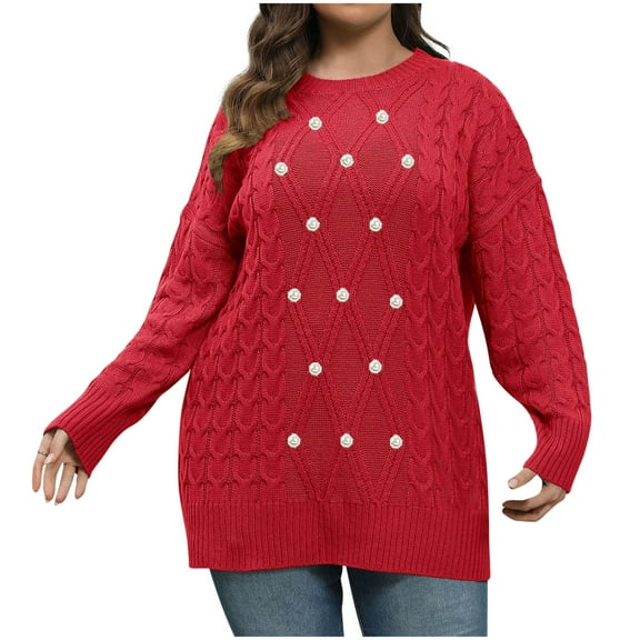 HAiming Plus Size Sweaters for Women Cable Casual Loose Long Sleeve Crewneck Pullover Long Tops with Cute Graphic