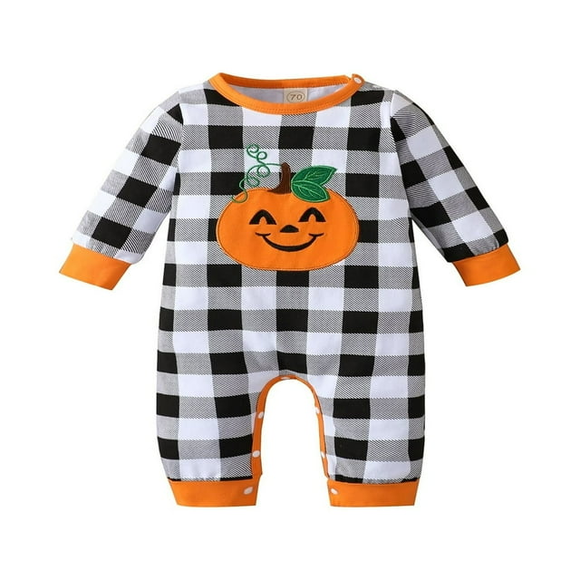 Combinaison Bébé Garçons Filles Manches Longues Col Rond à Carreaux Broderie Citrouille pour Halloween