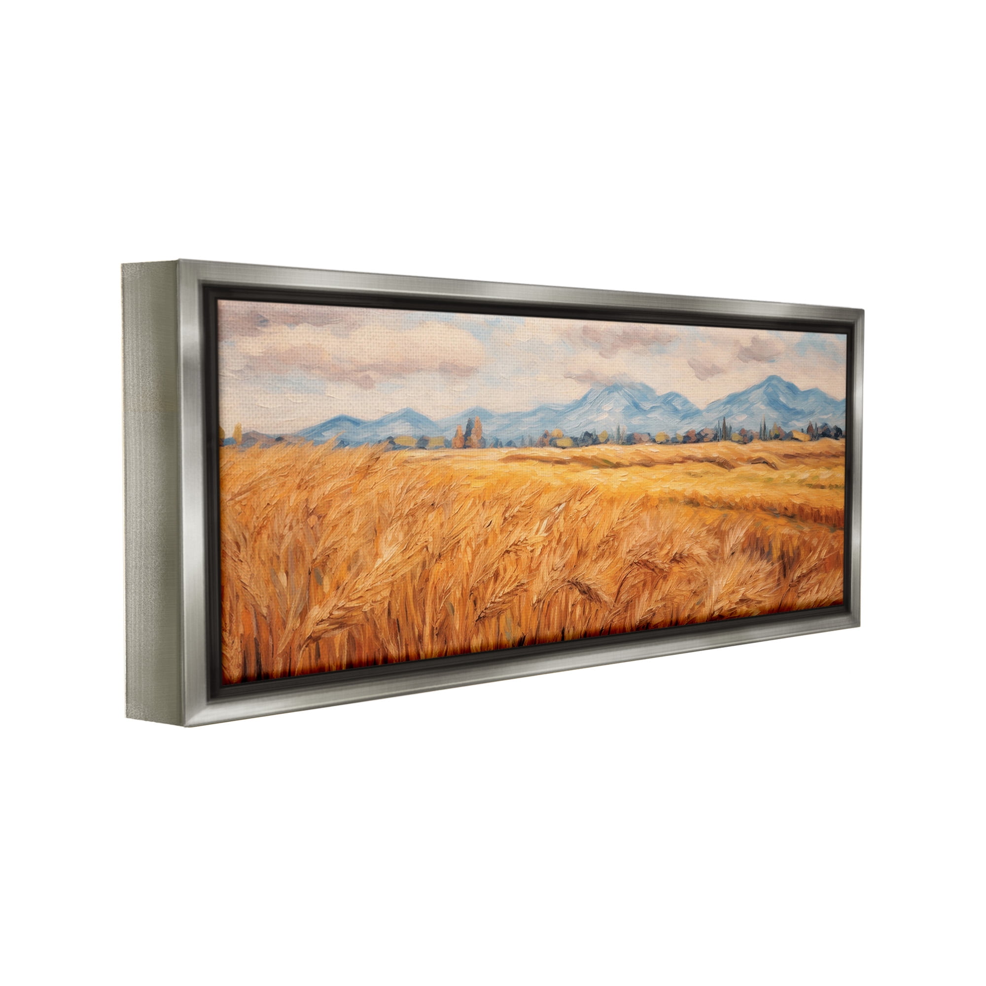Stupell Industries Country Wheat & Mountains Landscape Painting Gray Floater Framed Canvas Art Print Wall Art, 31 x 14