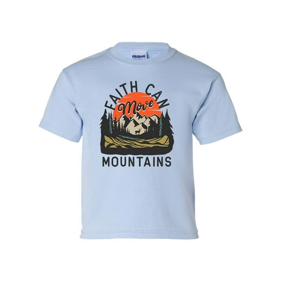 Faith Can Move Mountains Youth Kids Christian T-shirt Graphic Tee Graphic Tee-Light Blue-large