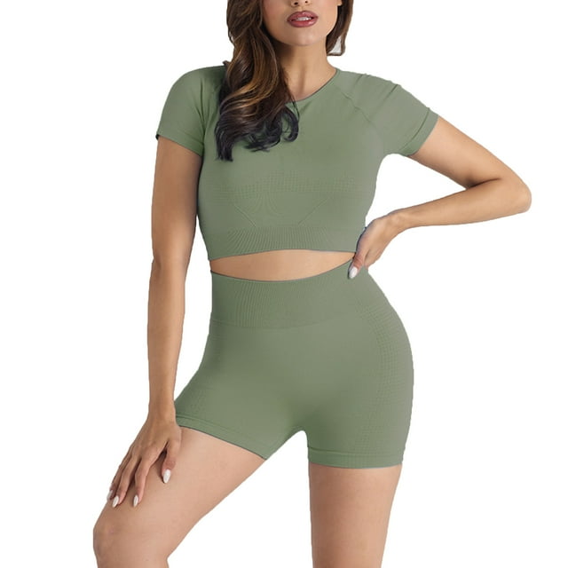 Womens Seamless Workout Sets 2 Piece Short Sleeve Crop Tops and Butt Shorts Gym Yoga Outfits Athletic Activewear