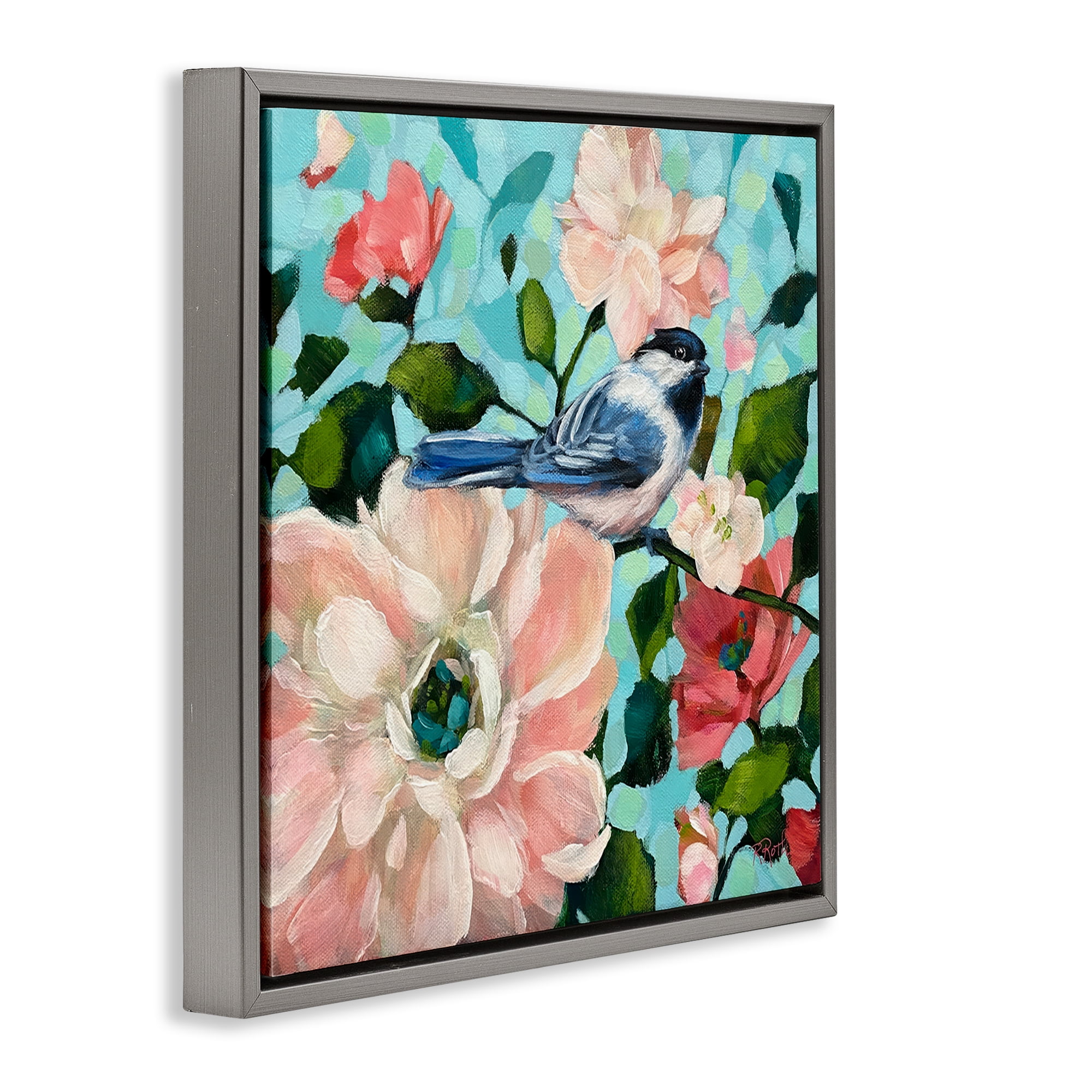 Stupell Industries Blue Bird & Bold Flowers Plants & Flowers Painting Gray Floater Framed Canvas Art Print Wall Art, 18 x 18
