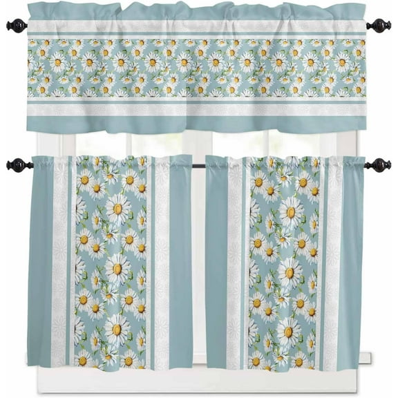 Sage Green Daisy Kitchen Curtains, Farmhouse Floral Green Striped 3-Piece Kitchen Curtain Valance and Tiers Set 24 Inch Length, Rod Pocket Half Window Curtains for Cafe Living Room Bathroom