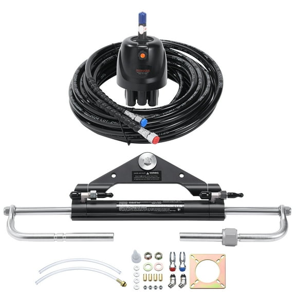 KFFKFF Hydraulic Steering Kit for Outboards, Suitable for 150HP, Nautical Vessel Hydraulic Steering Mechanism, Includes Helm Pump, Dual-Lock Cylinder, and 24ft Hydraulic Steering Tube