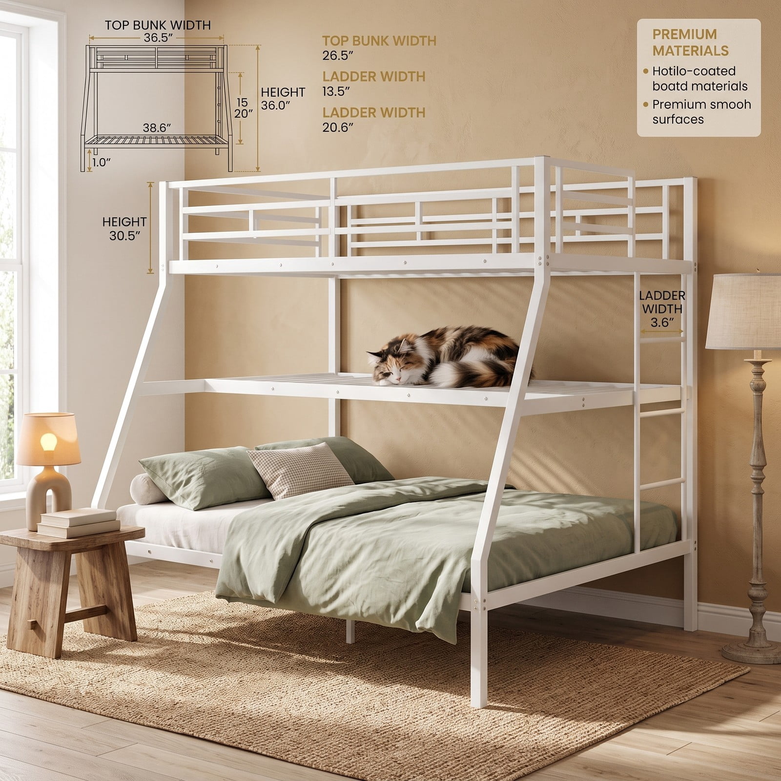Furnibear Twin Over Full Metal Bunk Bed Frame with Ladder and Safety Guardrails for Kids Teens Dorm and Guest Bedroom , White