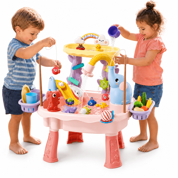 JBeeCtrl Kids Water Table for Toddlers 1-3 Sand Water Play Table with Water Pump Kids Sensory Table Outdoor Water Toys with Fishing Game for Boys Girls-Pink