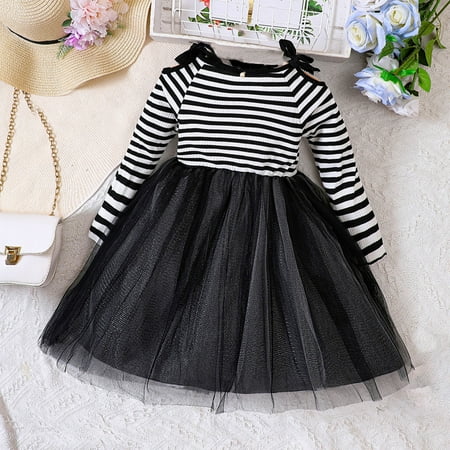 

Baby Deals!Toddler Girl Clothes Clearance 3-5 Years Toddler Baby Girl Knit Dress Mesh Tutu Dress for Baby Girls Round Neck Long Sleeve Striped Print Patchwork Mesh Dress Kids Bow Sundress