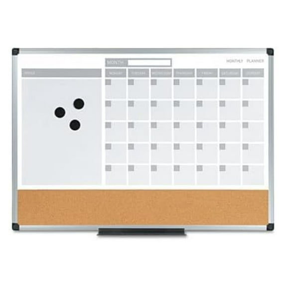 3-in-1 Calendar Planner Dry Erase Board, 24"x18", Wall Mounted Aluminum Frame