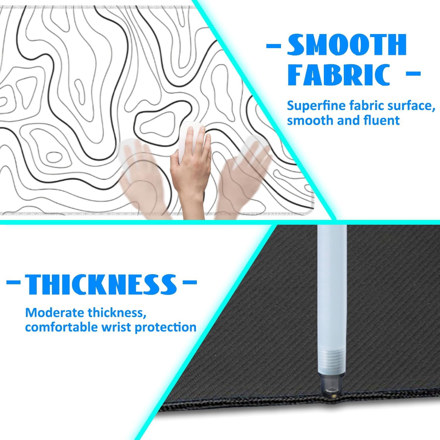 Desk Mat, White Topographic Contour Map Extended Gaming Mouse Pad Large, 35.4"x15.7" Big Mouse Pad with Non-Slip Base and Stitched Edge, Long Computer Keyboard Mouse Mat for Home Office Work
