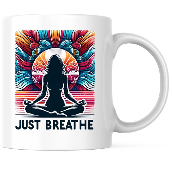 Just Breathe Coffee Mug - Meditation Mindfulness Zen - Positive Inspiring - 11 Ounce Coffee Mug - Printed On Both Sides - Microwave & Dishwasher Safe - White Handle & Interior - BMCM00687