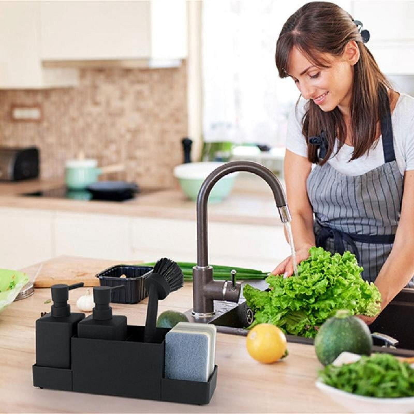 Kitchen Soap Dispenser with Sponge Holder and Storage Tray Cleaning Tool Rack