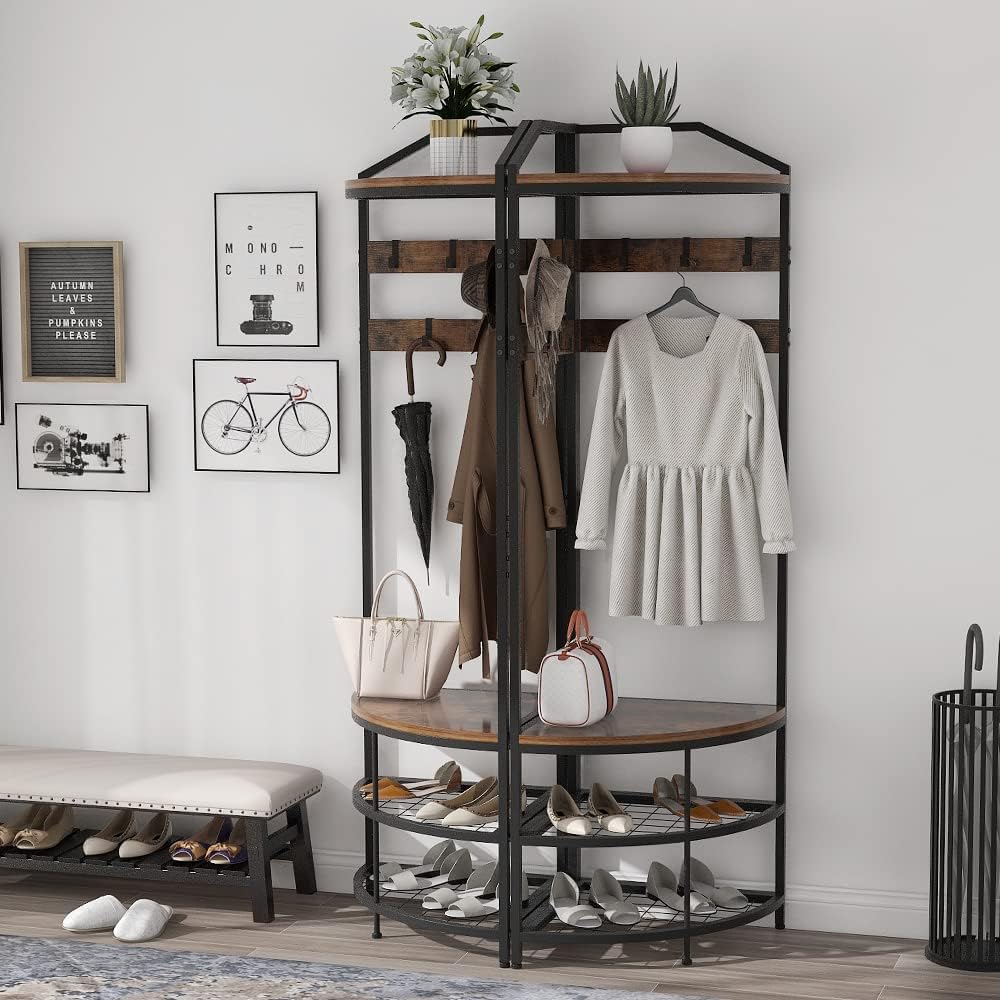 Corner Hall Tree with Shoe Bench Entryway Coat Rack with 10 Metal Movable Hooks Floor Standing Clothes Rack Shoes Shelf Organizer for Home Office Bedroom