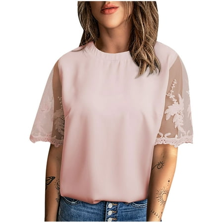 KIJBLAE Round Neck Shirt for Girls Female Fashion Cozy Tops Embroidery Patchwork Womens Clothes Solid Color Mesh Lace Blouse Summer Short Sleeve Shirts for Women Pink S