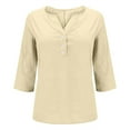 thumbnail image 5 of Otntypg Trendy 3/4 Sleeve Linen Shirts for Women Dressy Casual Button V Neck Solid Color Basic Tunic Tee Blouse Loose Oversized Soft Cotton Pullover Tops Yellow L, 5 of 10