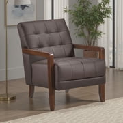 Lenie Accent Armchair- Button Tufted Dark Brown Leather- Wood Frame
