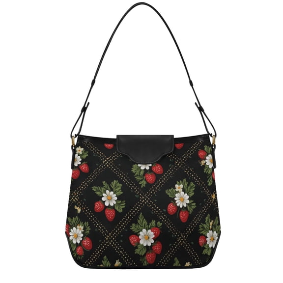 Strawberries Daisies on Black Plaids Women's Tote Bag Convertible Handbags Hobo Shoulder Bag with Zipper Magnetic Snap