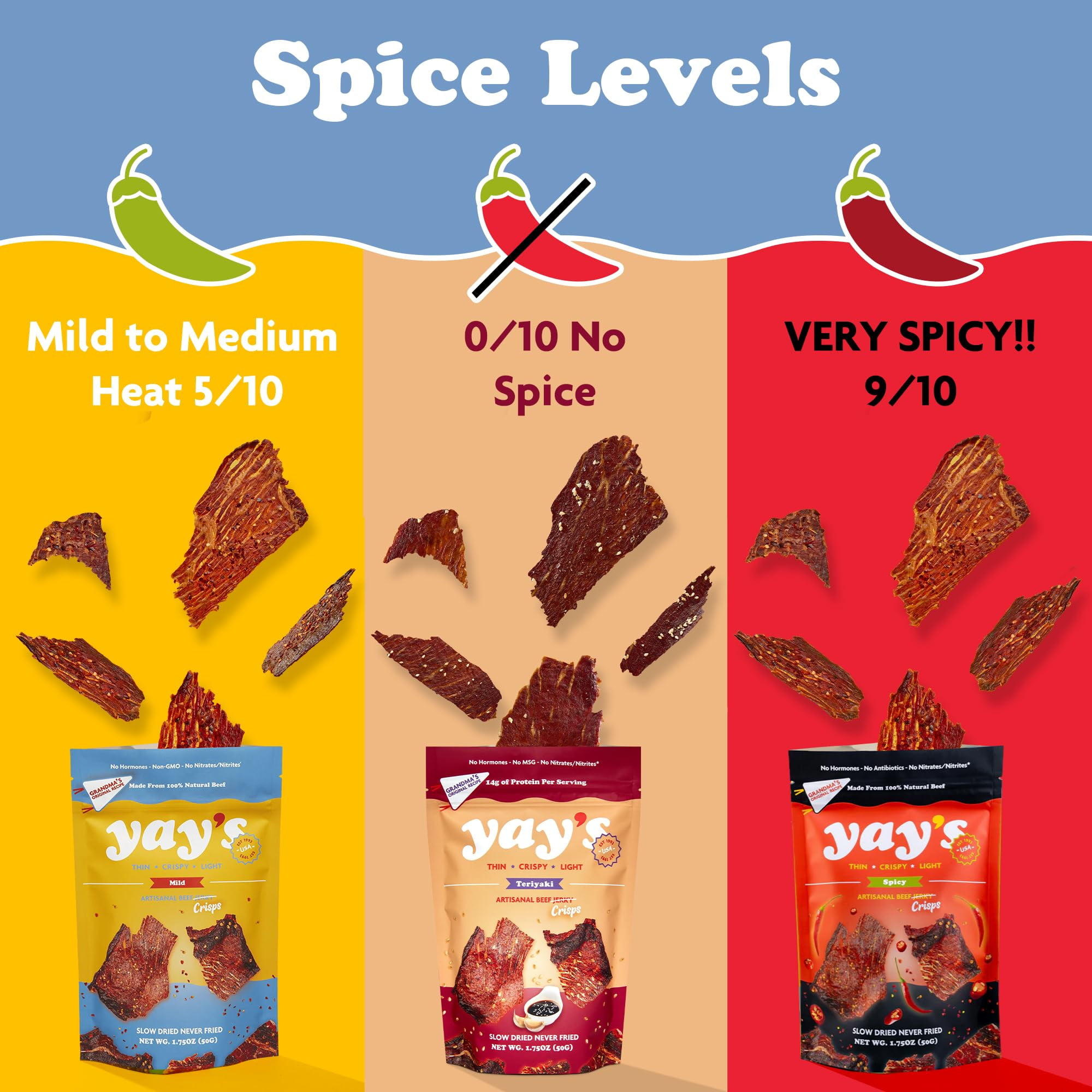 Yay's Snacks Sweet and Spicy Beef Crisps | High-Protein Ready-to-Eat Crispy Crunchy Chipped beef | Mild, Spicy, Teriyaki beef jerky snack packs, Non-GMO Healthy Meat Snack, Made in USA (1.75 oz) each
