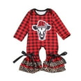 thumbnail image 2 of Baby Girls Christmas Romper Long Sleeve Red Plaid Cow Head  Tree Wide Leg Ruffle Jumpsuit Outfits, 2 of 3