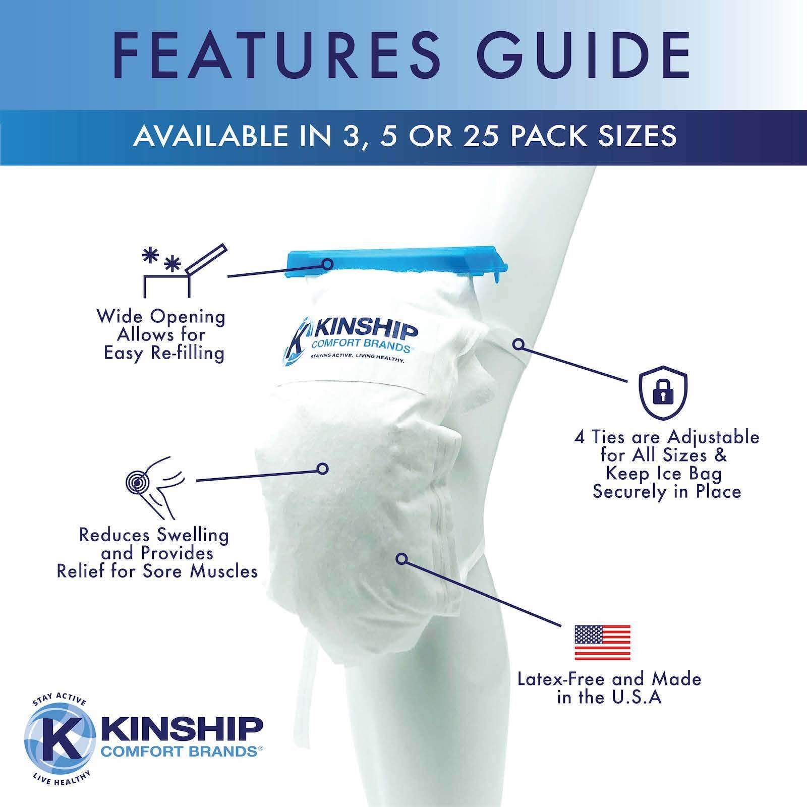 Kinship Comfort Brands Refillable Ice Bags w/ Clamp Closure | Leak Resistant Inner Liner & Soft Exterior | Reusable Icepack w/ 4 Tie Strings | Latex Free | 25 Pack