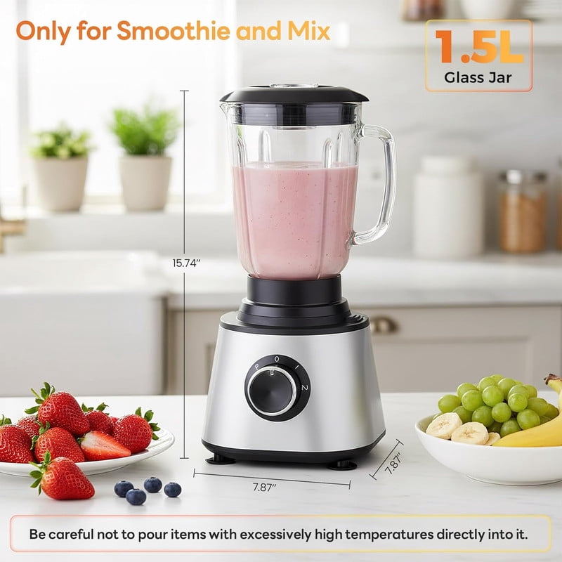 Simenmax 6-in-1 Food Processor & Blender Combo, 1.5L Glass Jar, 300W Electric Chopper with 2 Speeds + Pulse, Vegetable Slicer & Dough Kneader for Home Kitchen