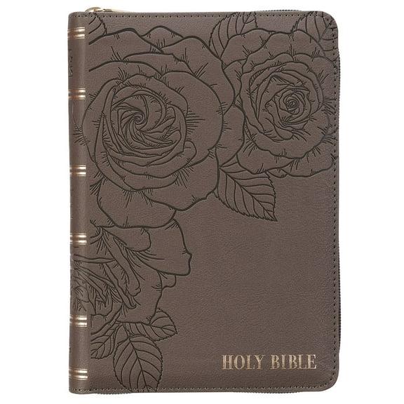 KJV Holy Bible, Compact Large Print Vegan Leather Red Letter Edition - Ribbon Marker, King James Version, Floral Dusty Taupe, Zipper Closure