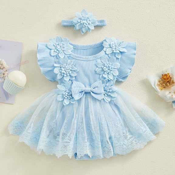 Riecok Baby Girl Infant 1st Birthday Princess Romper Dress Mesh Skirt 3D Flower Applique Ruffle Sleeve Occasion Dressy Blue 6 M