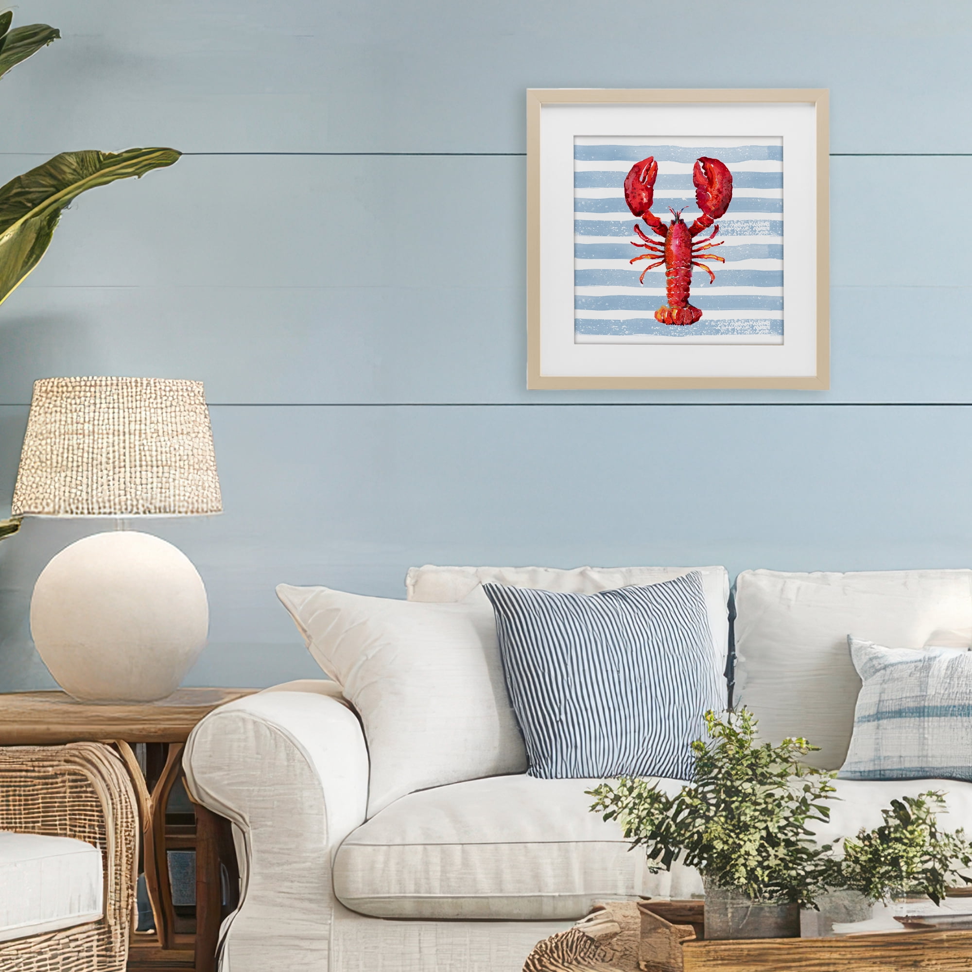 Stupell Industries Red Lobster on Blue Stripes Birch Framed Print Under Glass, design by Patricia Pinto