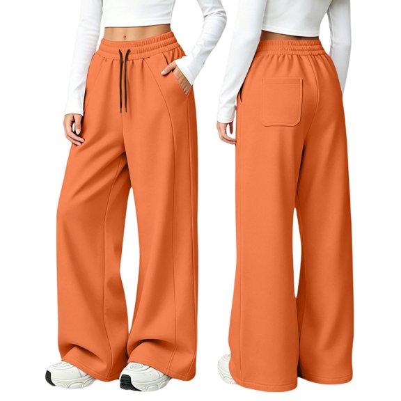 UACY Girls Wide Leg Sweatpants High Waisted Baggy Sweat Pants for Teen Girls Kids Loose Fit Straight Leg Joggers Drawstring Pockets (Orange, 11-12 Years)