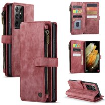 Samsung Galaxy S21 Ultra Case,Dteck Magnetic Wallet Case Premium Durable PU Leather Zipper Pocket Card Holder Kickstand Phone Protective Cover for Galaxy S21 Ultra,Red