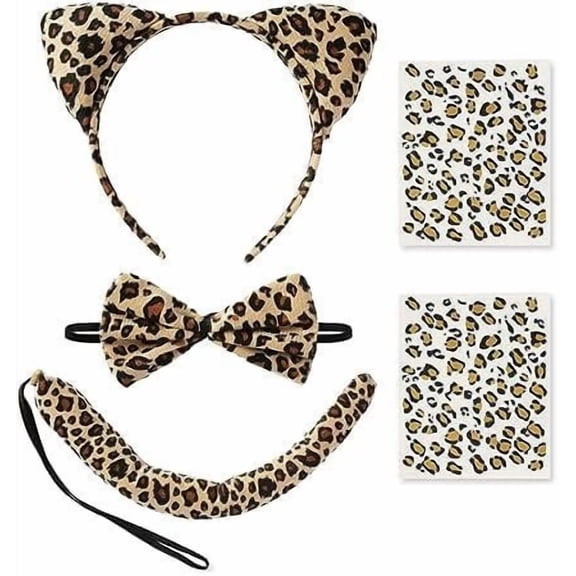 Leopard Costume Set Ears Headband Bow Tie Tail Tattoos