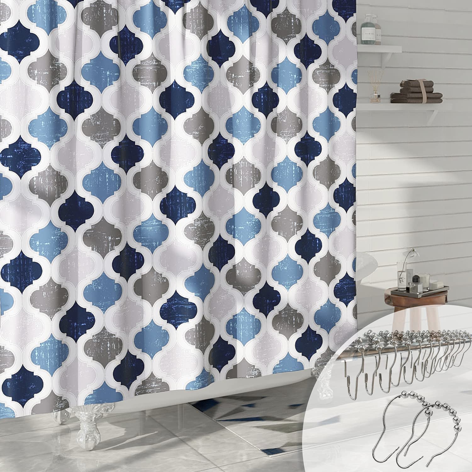 Blue Grey Geometric Shower Curtains for Bathroom Moroccan Trellis Style