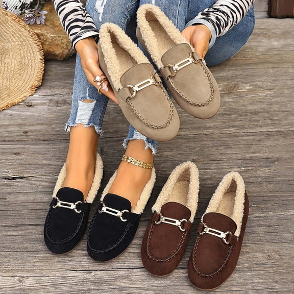 Miluxas Women's Winter Warm Shoes,Comfort Fleece Lined Ankle Lightweight Non-slip Round Toe Moccasins Flat Snow Boots Khaki 9.5(43)