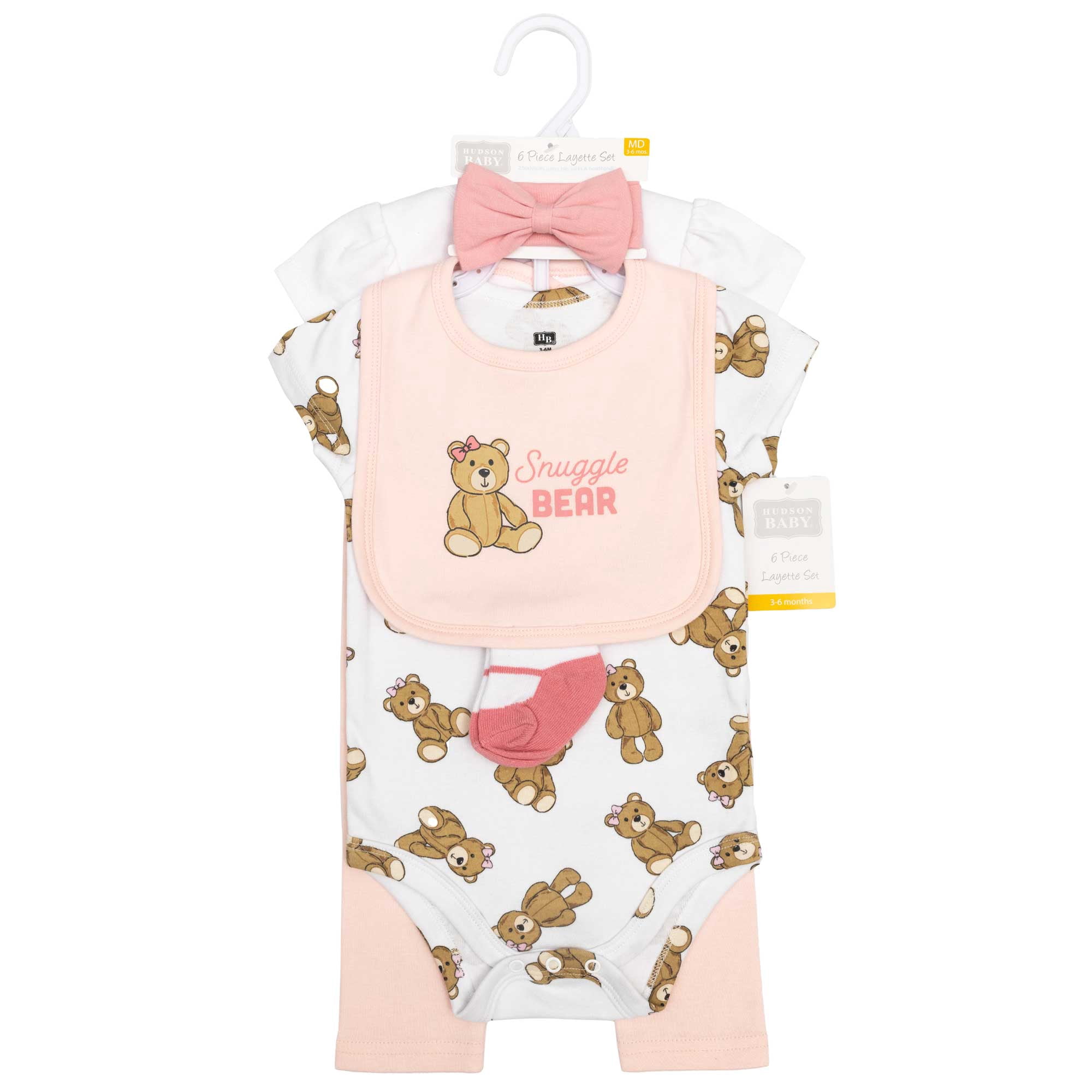 Hudson Baby Infant Girls Cotton Layette Set, Pink Snuggle Bear, 9-12 Months