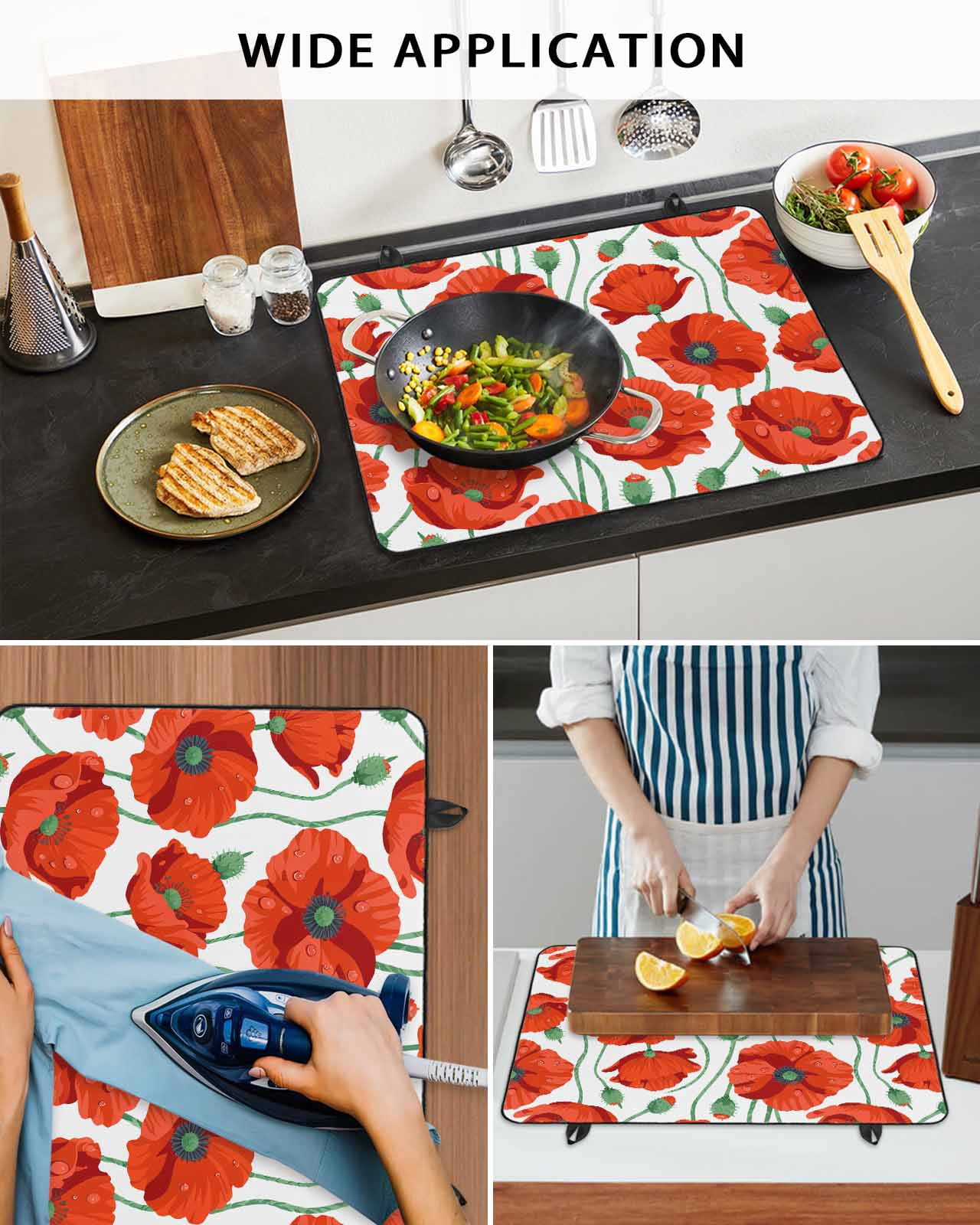 Large Induction Cooktop Protector Mat Red Flowers Stove Top Covers for Electric Stove, Spring Floral Watercolor Botanical Decorative Stove Burner Cover Mats, Glass Top Stove Cover
