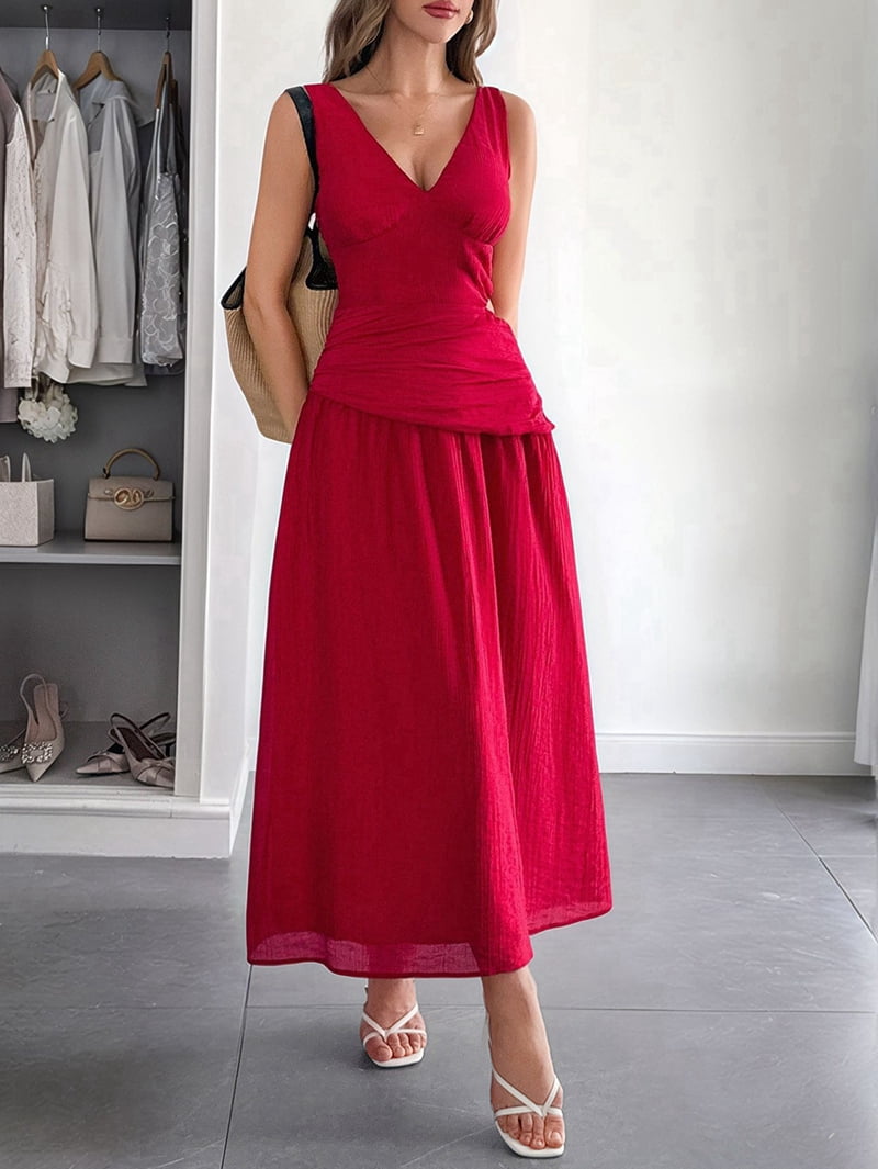 Women'S Summer Sleeveless Casual Dresses V-Neck Wrinkles Backless Party Dress Red M