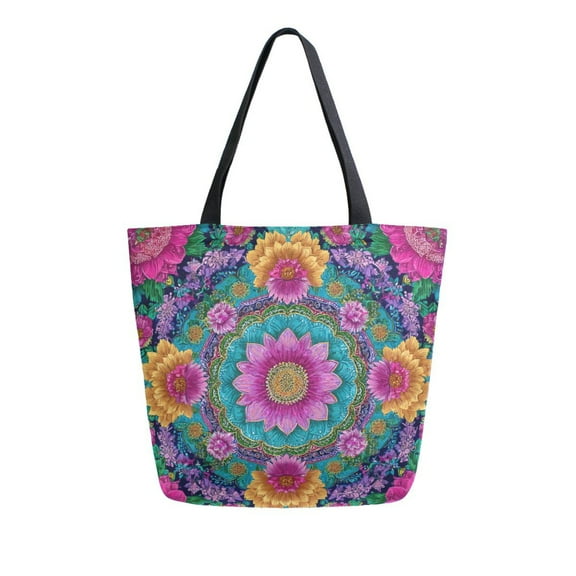 Open Top Canvas Tote Bag with Zipper Reusable Shopping Bag 13.5x15" Roomy Carryall Colorful Delicate Floral