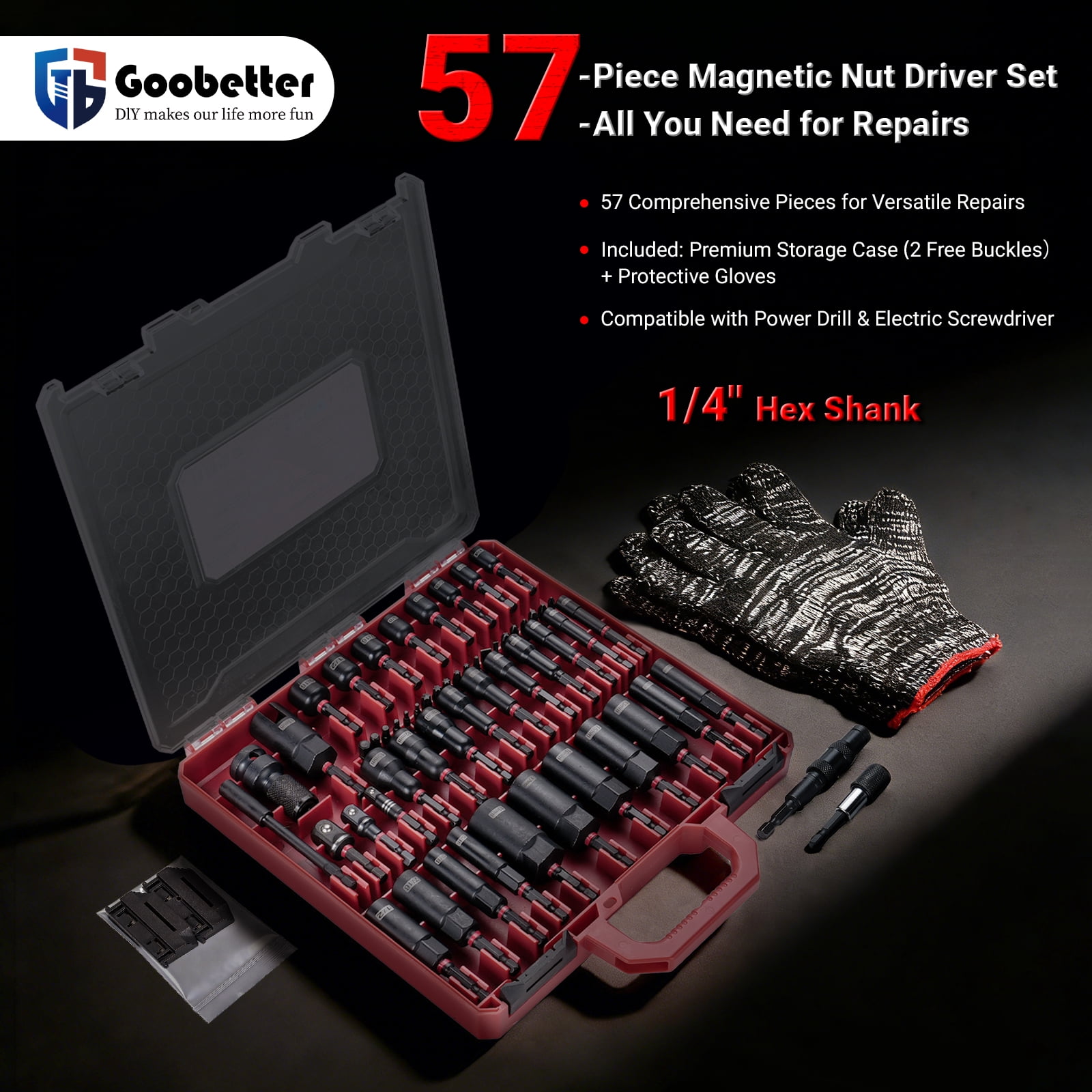 Goobetter 57PCS Magnetic Impact Nut Driver Set for Impact Drill, Magnetic Nut Driver Set Metric & SAE with Deep Nut Drivers, Socket Adapters, Wing Nut Driver, Power Bits, Quick Release Extension