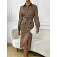 thumbnail image 5 of Women's Printed Tie Waist Long Sleeve Midi Shirt Dress 100% Polyester Lightweight Versatile Flowy Elegant Workwear, 5 of 10