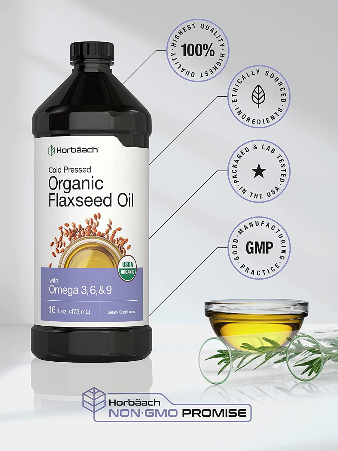 Organic Flaxseed Oil | 16oz | 3 Pack | Cold Pressed & Vegetarian | by Horbaach