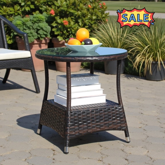 Tcbosik Outdoor Round End Table, 21 Inch Rattan Side Table with Glass Top, Accent Table with Storage Shelf for Balcony, Patio, Garden, Lawn, Brown
