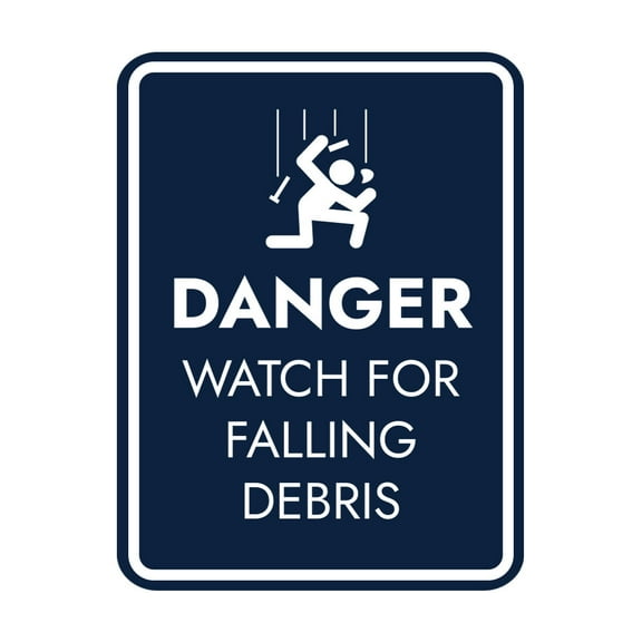 Signs ByLITA Portrait Round Danger Watch For Falling Debris Door or Wall Sign Easy Installation | Health And Safety | Building And Danger Sign (Navy Blue / White) - Large