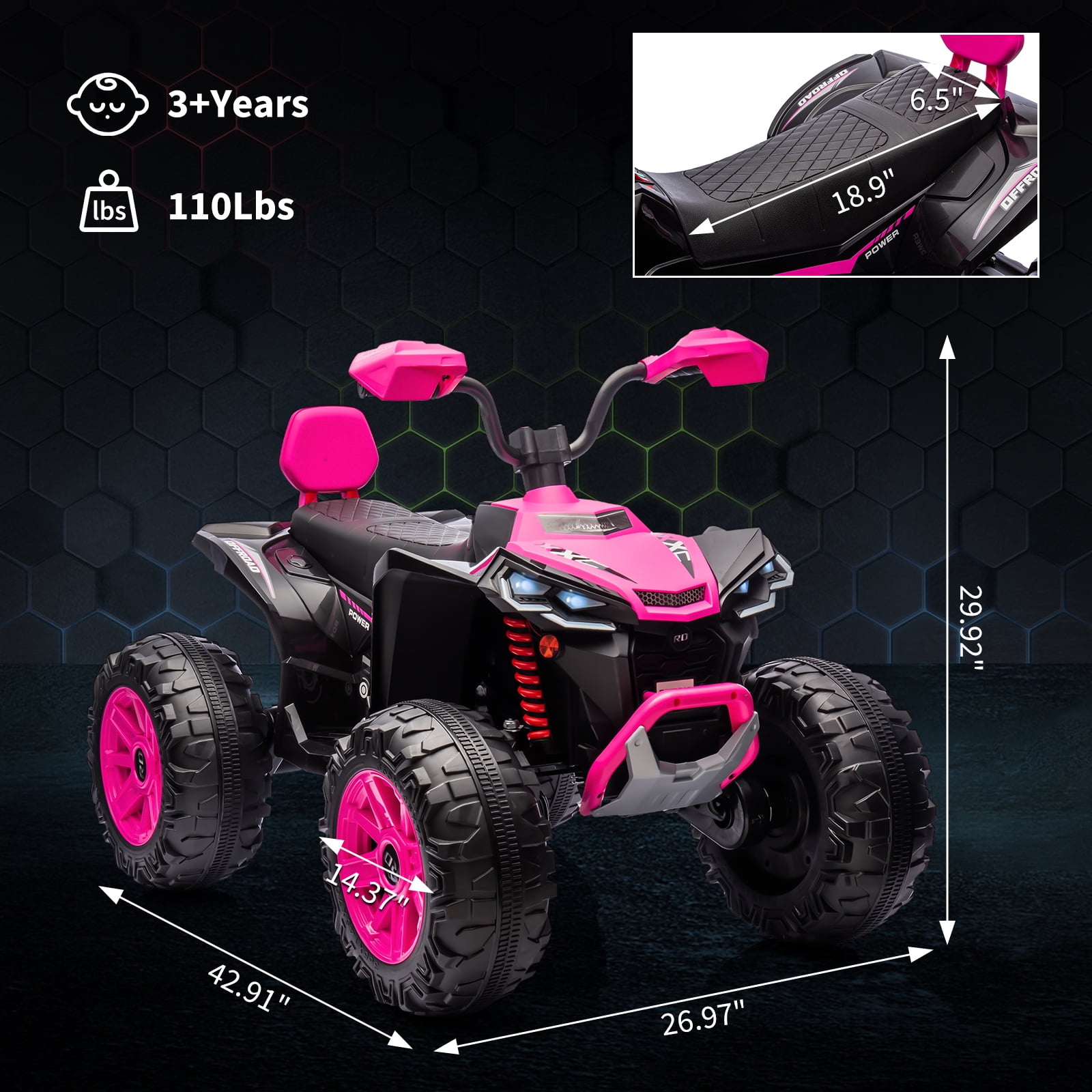 24V 2 Seater Kids ATV, 4-Wheeler Electric ATV, Off-Road Dirt Quad Car with Powerful Motors, 14.4" Wheels, High Low Speed, Music, LED Lights, Best Gift for Boys and Girls
