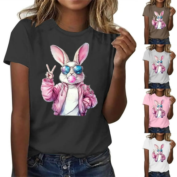 VBTAPA Funny Bunny Print T Shirt for Women Cute Grapic Tee Shirts Happy Easter Short Sleeve Tops Prime Sales of The Day Black S