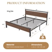 Sha Cerlin Walnut King Size Metal Platform Bed Frame with Wooden Headboard & Footboard, Adult
