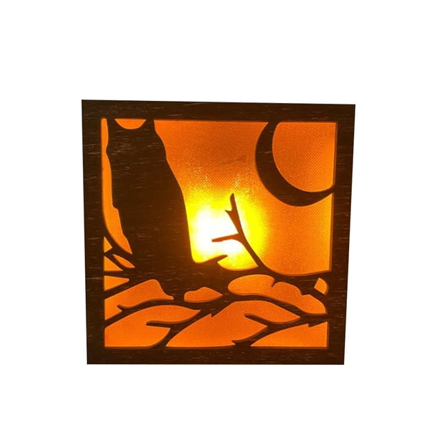 Pared De Lámpara De Madera Con Patrón De Gato Y Murciélago De Bruja Con Luz De Madera Led De Halloween Para Decoración De Fiestas seitruly HA045048-01